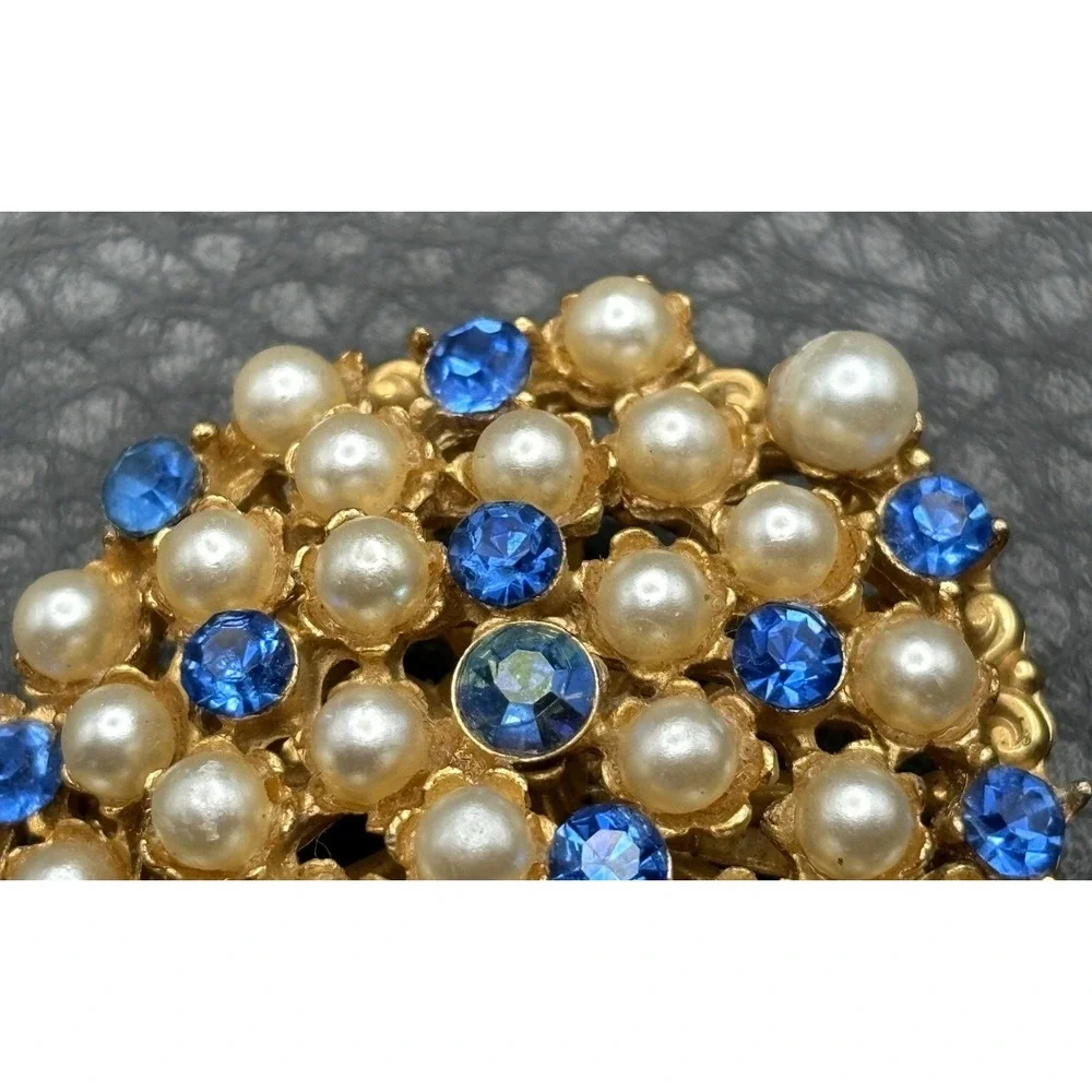 Vintage Gold Tone Blue Rhinestone Faux Pearl Brooch Pin Floral Statement